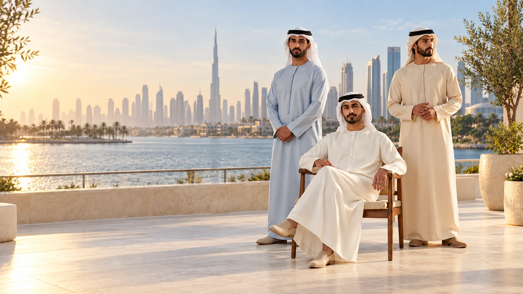 Three men wearing tailored Gulf kandoras